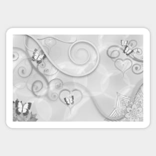 Hearts Twinkling, Vines Creeping, Butterflies Flying, Bubbles Floating , Flowers & Leaves in a Fantasy World of Gray and White Sticker